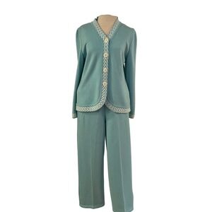 VTG ERIC STEVEN Womens Aqua Blue Knit Pant Suit Set Button Up Cardigan Women's 8